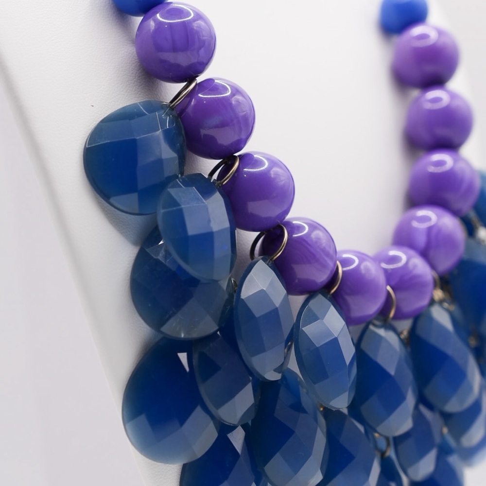 Bib Bubble Statement Necklace-Purple Beads with Navy Blue Drops- Gold tone